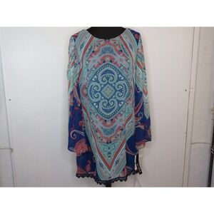 NWT Sequin Hearts Boho Mini Dress Women's Blue Large Lace Bell Sleeve Bohemian